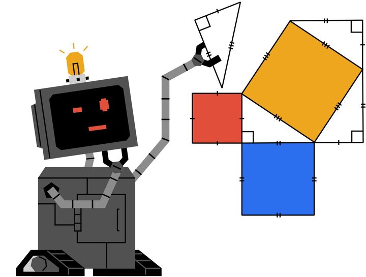Promo image belonging to Brilliant, showing a robot contemplating where to place a right angled triangle on a shape demonstrating pythagoras' theorem 