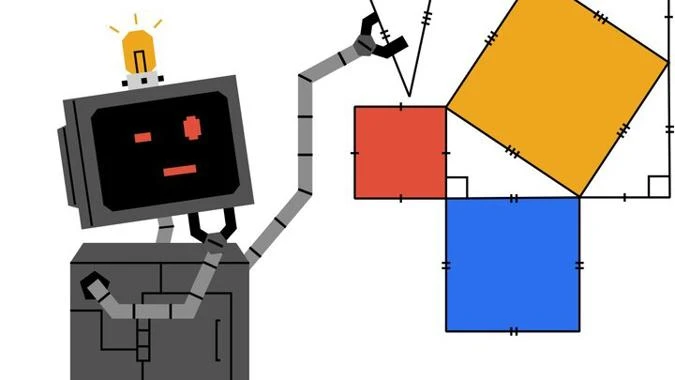 Promo image belonging to Brilliant, showing a robot contemplating where to place a right angled triangle on a shape demonstrating pythagoras' theorem
