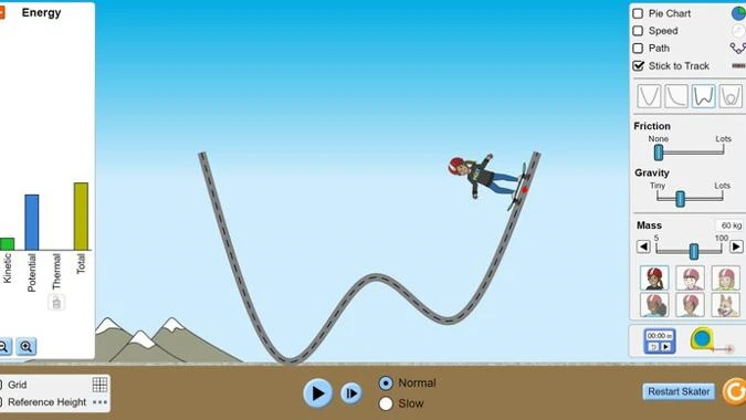 Screenshot of PhET's simulation demonstrating the conservation of energy